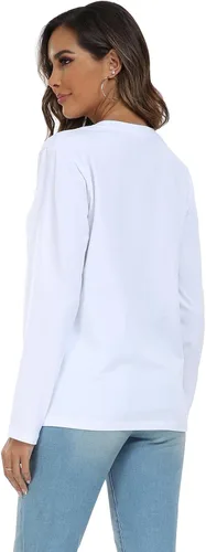 Vista 5 de LOVFEE Camiseta básica de algodón de manga larga con cuello redondo para mujer, ajuste holgado
