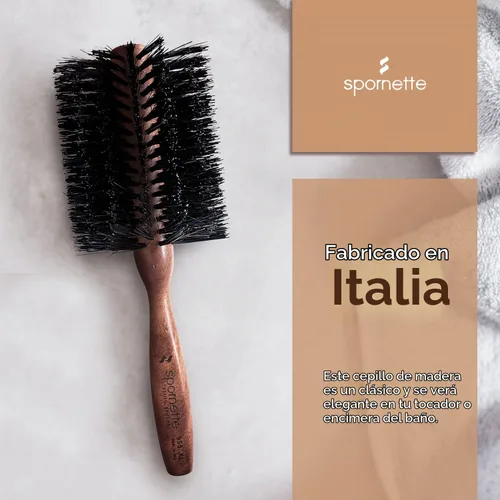 Vista 3 de Spornette Cepillo de pelo redondo italiano de 3 pulgadas (#955-XL) – Cepillo redondo de cerdas de jabalí de doble densidad con mango de madera