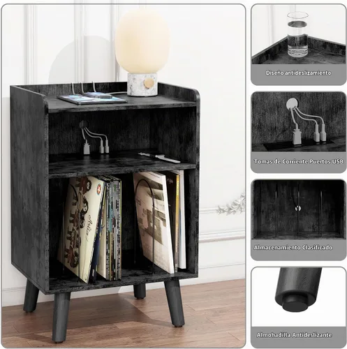 Vista 4 de Soporte para tocadiscos, plataforma giratoria con almacenamiento de discos y estación de carga y puertos USB, mesa para tocadiscos con divisor