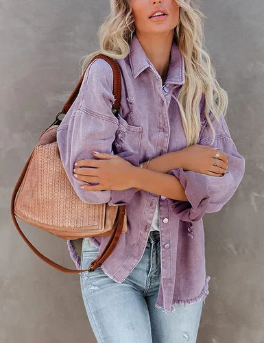 Vista 3 de Lumister Chaqueta de mezclilla de gran tamaño para mujer, suave, ligera, desgastada, con flecos rasgados, manga larga, chaqueta de mezclilla