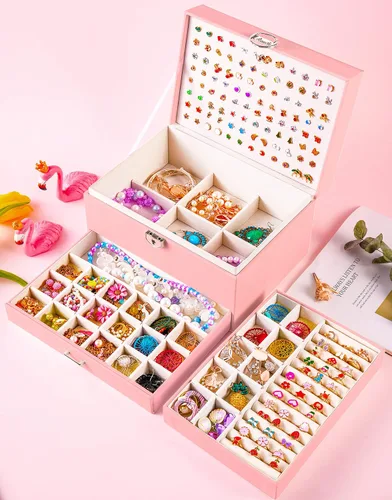 Vista 4 de QBestry Soporte para aretes para niñas, joyero para mujeres y niñas, organizador de aretes, caja organizadora de joyas con cerradura, caja