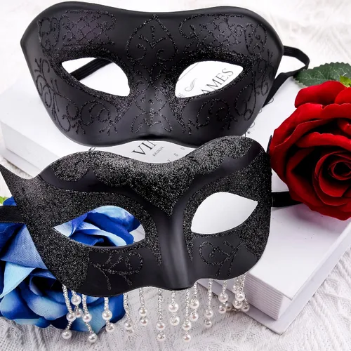 Vista 4 de SIQUK Juego de máscaras para parejas, máscara veneciana, máscara de plástico para disfraz de Halloween, máscara de Mardi Gras para mujeres y hombres