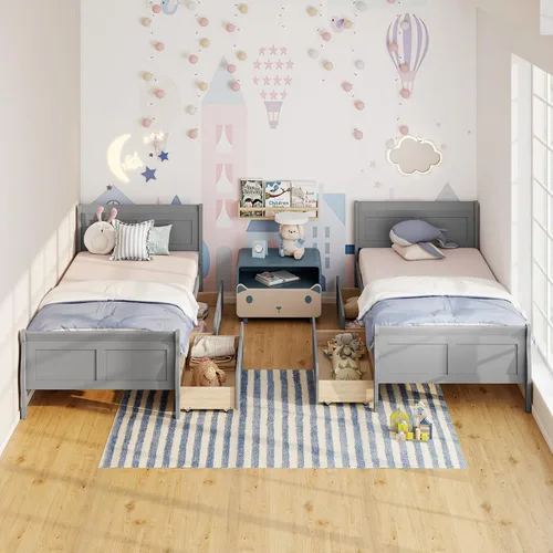 Vista 3 de KOMFOTT 2 camas individuales con 2 cajones, cama de almacenamiento individual con cabecero para dormitorio, marco de cama de madera de trineo
