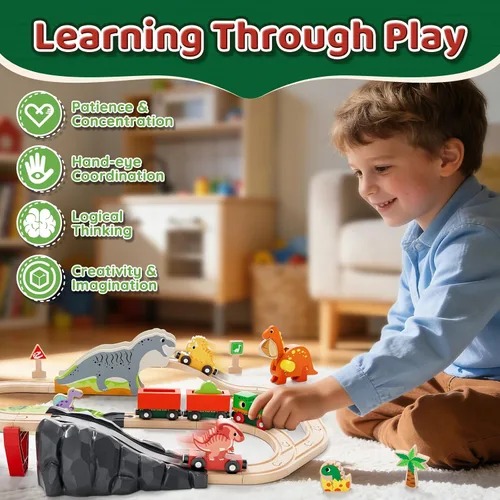Vista 3 de Lehoo Castle Juego de Tren de Madera - Juego de Tren de Dinosaurio para Niños Pequeños de 2-4 Años, Juguetes de Vías de Tren de Madera y Conjunto