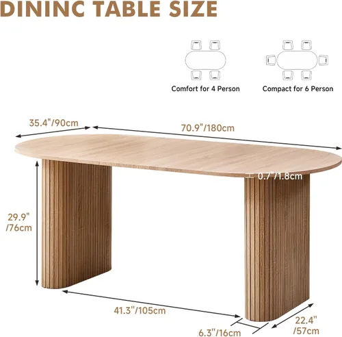 Vista 2 de Mesa de comedor ovalada de 70.8" para 4 a 6 personas, mesa moderna de cocina estilo granja para desayuno, comedor y recepción (solo mesa), natural