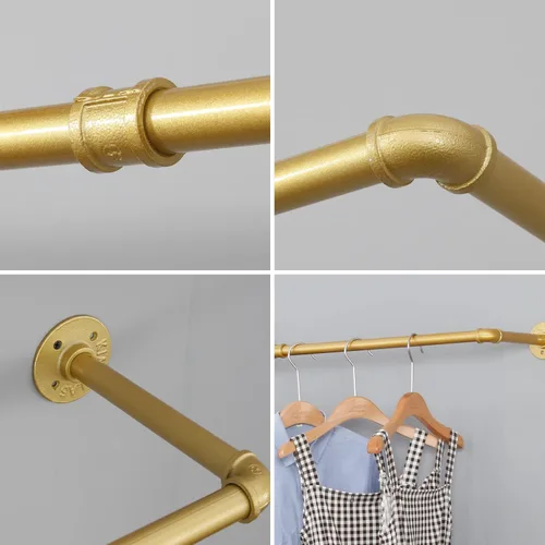 Vista 5 de Perchero industrial para ropa de tubería montado en la pared, estante de ropa vintage al por menor, estante de ropa, perchero de metal comercial
