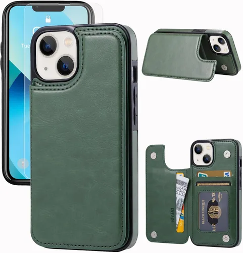Vista 17 de Funda tipo cartera compatible con iPhone 13, funda protectora delgada con tarjetero, cuero PU con soporte y ranuras para tarjetas con un cristal