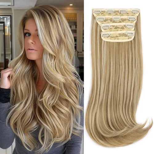 Vista 18 de FREEMEIGE 4 piezas de extensiones de cabello con clip, extensiones de cabello largas y gruesas con capas rectas de 20 pulgadas, extensiones