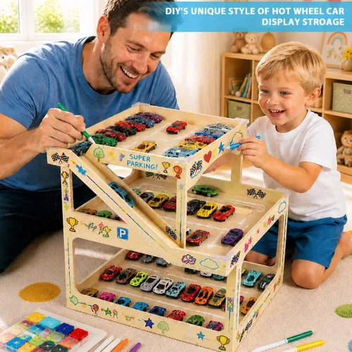 Vista 11 de Vitrina de madera para Hot Wheels Matchbox Storage Garage Hold 50+ Toy Car