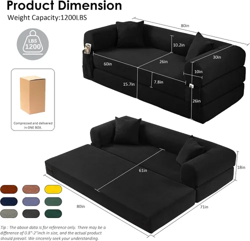 Vista 2 de Sofá cama convertible de 80 pulgadas, sofá cama plegable de pana con almohadas, sofá de compresión moderno sin hueso sin montaje, sofá de compresión
