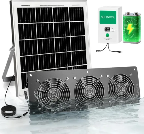 Vista 11 de Extractor solar, panel solar de 25 W y 2 ventiladores con batería de 7500 mAh, impermeable IP68, para gallinero, cobertizo, invernadero, casa