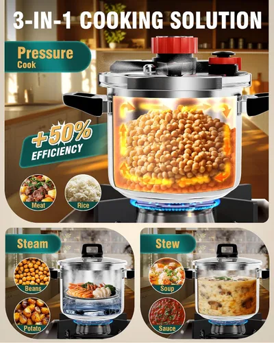 Vista 4 de WantJoin Olla a presión de 4.2 cuartos – Recipiente a presión de acero inoxidable 3 en 1 compatible con cocina de gas y de inducción, dispositivos