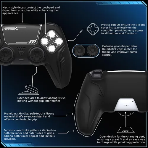 Vista 7 de PlayVital 2 Pack Silicone Skin Set for PS5 Controller - Charging Dock Compatible, Full Protection Case with Futuristic CyberMech Design, Soft Cover