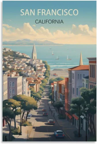 Vista 9 de Póster de viaje vintage de California San Francisco, 08 x 12 pulgadas (7.9 x 11.8 in), pintura en lienzo, arte de pared, póster para sala de estar