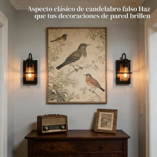 Vista 7 de Luces de pared vintage a pilas con acabado de madera sintética, lámpara de pared regulable, sin cableado, fácil de instalar, aplique de pared