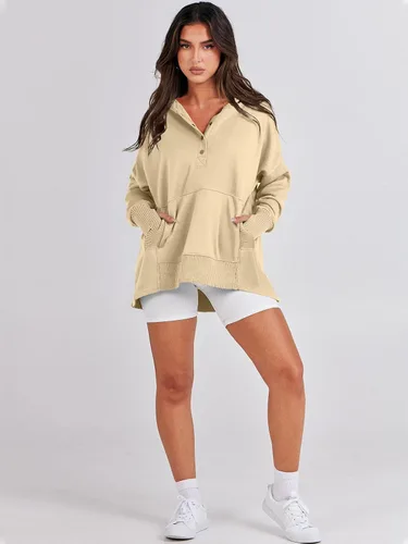 Vista 9 de ANRABESS Sudadera casual con botones y cuello en V para mujer, sudadera de gran tamaño con capucha y bolsillos