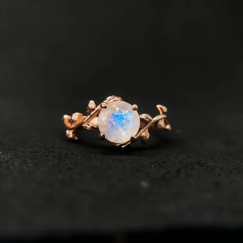Vista 6 de ASANA - Anillo de compromiso único de piedra lunar para mujer, oro rosa de 14 quilates sobre plata de ley, anillo de compromiso único, banda