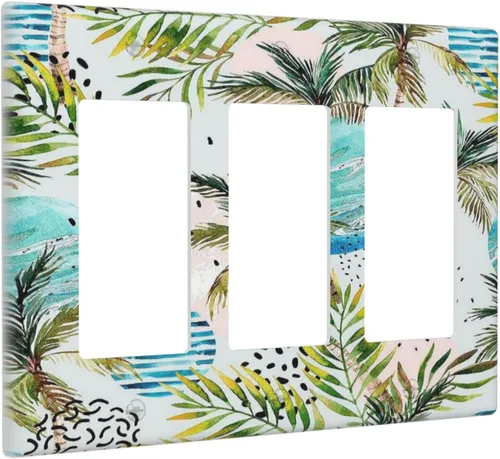 Vista 59 de Cubierta de interruptor de luz de una pandilla de hojas de palma tropicales de estilo bohemio abstracto, árbol de coco, verano, sin dispositivo