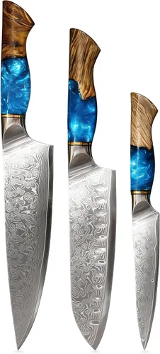 Vista 12 de Cuchillo de cocina de Damasco, acero de damasco de 67 capas, juego de cuchillos de chef profesionales de 13 pulgadas para cocina, mango ergonómico