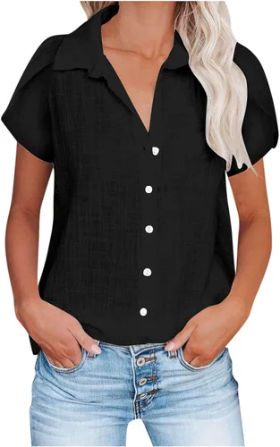 Vista 13 de Camisetas de verano para mujer, de manga corta, pétalos, de lino, con bolsillo, casual, con botones, blusas básicas