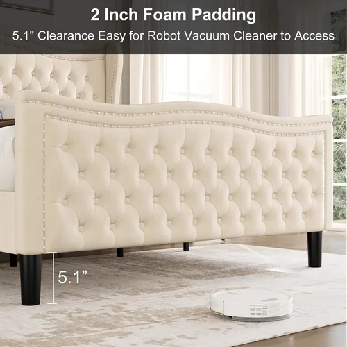 Vista 6 de Generic Base de cama Queen con cabecera tapizada de 52 pulgadas con cabecera alta y plataforma capitoné tapizada en terciopelo con botones Beige