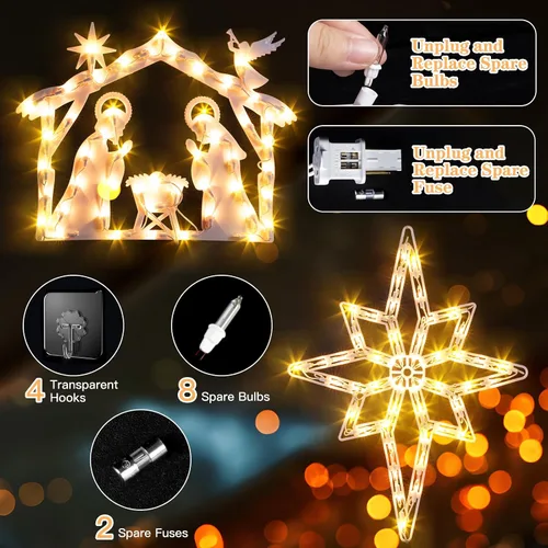 Vista 3 de Marchpower Paquete de 2 luces de silueta de ventana de Navidad, Belén iluminadas y estrella de Belén para decoración de ventanas, luces de ventana