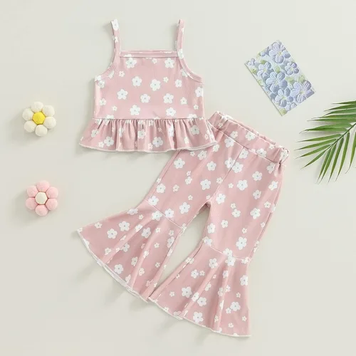 Vista 2 de Ropa de verano para bebé niña, sin mangas, estampado floral, correa acanalada, parte superior acampanada, pantalones de 2 piezas