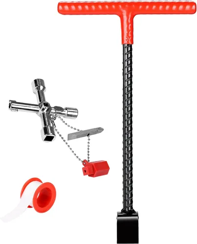 Vista 6 de JOYTUTUS Herramienta de medidor de agua multifuncional de 12 pulgadas con llave de 4 vías y cinta de teflón, llave de válvula con mango en T
