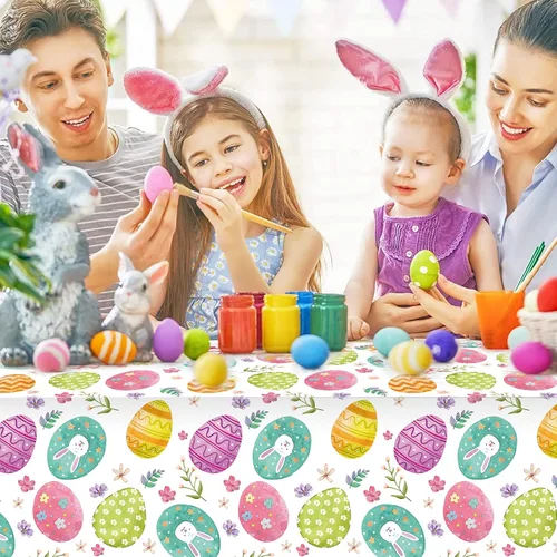 Vista 5 de Ragnhild Paquete de 3 manteles de Pascua, decoración de fiesta, mantel de plástico con huevos de Pascua, conejo, decoración de mesa, mantel