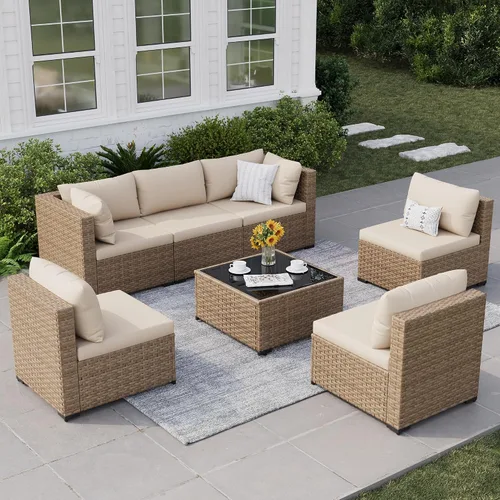 Vista 19 de Juego de muebles de patio, sofá seccional de mimbre para exteriores Beige/Negro
