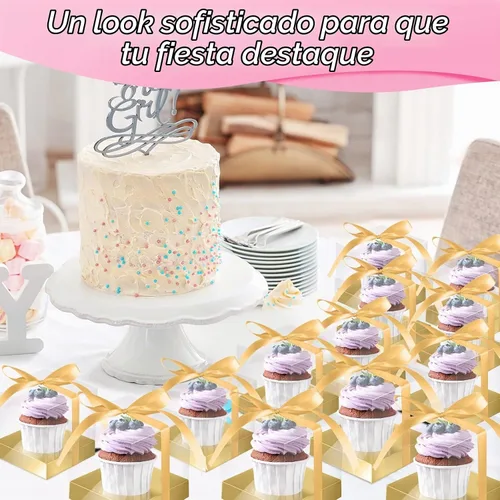 Vista 6 de Gerrii 100 Piezas Cajas Individuales de Plástico Transparente para Cupcakes de 3.5" Contenedores Individuales para Cupcakes Caja de Regalo de Dorado