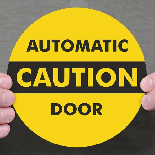 Vista 8 de SmartSign, calcomanía para vidrio de doble cara con leyenda "Caution: Automatic Door 2-Sided Message", círculo de 6 pulgadas de diámetro