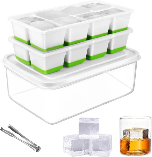 Vista 12 de Molde para cubitos de hielo para whisky, 2 x 8 cubos de hielo de whisky de 1.8 pulgadas, bandeja circular para cubitos de hielo con tapa
