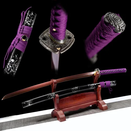 Vista 3 de Katana morada hecha a mano de espiga completa samurái japonesa larga espada de anime cuchillo de 41 pulgadas
