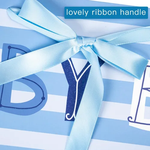 Vista 4 de Loveinside Bolsa de regalo para bebé niño con papel de seda y tarjeta de felicitación para baby shower, nuevos padres y más, diseño animal azul, 16