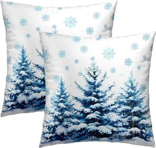 Vista 28 de Fundas de Almohada de Bosque de Pinos 22x22 Juego de 2, Fundas de Almohada Decorativas de Árboles de Abeto y Cedro Verde Nieve Beige de Invierno