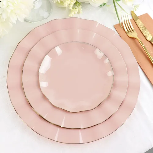 Vista 72 de Tableclothsfactory Paquete de 10 platos redondos de plástico negro de 6 pulgadas para ensalada de postre, platos desechables con borde ondulado