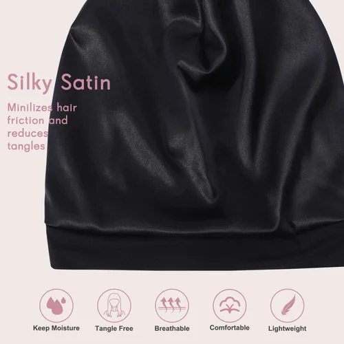 Vista 4 de Hat Hut Gorro de satén de seda para el cabello, gorro de dormir para cabello rizado, gorro ajustable con forro de seda con orejas