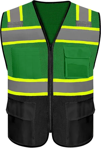 Vista 7 de Chaleco de seguridad reflectante de alta visibilidad con 5 bolsillos y cremallera clase 2 para adultos, unisex, ropa de trabajo de seguridad