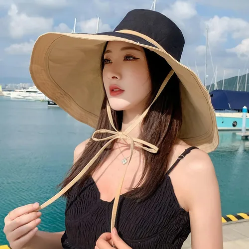 Vista 2 de HUAMULAN Sombrero de Sol de Verano de Ala Ancha para Mujeres con Borde Alambrado Sombrero Bucket de Playa y Pesca Reversible Plegable de Viaje