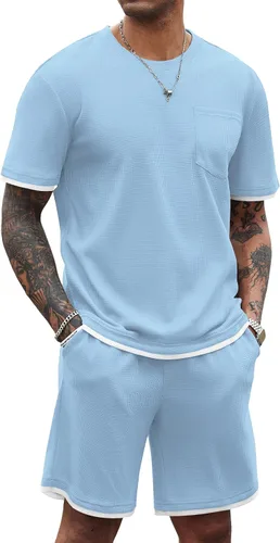 Vista 76 de COOFANDY Conjunto de camisa y pantalones cortos de gofre para hombre, conjunto de 2 piezas, conjunto casual de verano con bolsillos