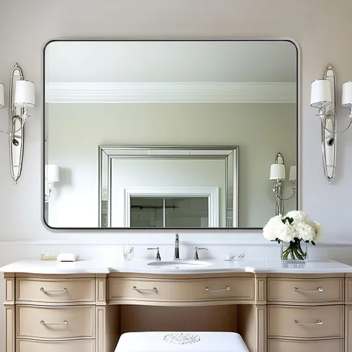 Vista 38 de Espejo de latón para baño, espejo rectangular redondeado de 22x30 pulgadas con marco de metal cepillado dorado, espejo de tocador de baño sin