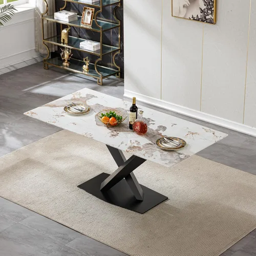 Vista 3 de Mesa de comedor moderna para mesas de cocina y comedor de mármol blanco de 70 pulgadas, mesa de comedor rectangular moderna con mesa de mármol
