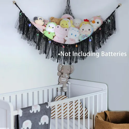 Vista 5 de Hamaca de animales de peluche con luces LED, red grande de almacenamiento de juguetes de 59 pulgadas para dormitorio de niños, organizador de felpa