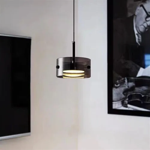 Vista 2 de Modern 2 Pack Cylindrical Pendant Light Fixtures, Nordic 6.3in Smoke Gray Glass Shade Ceiling Hanging Lighting, Dimmable and Adjustable Height