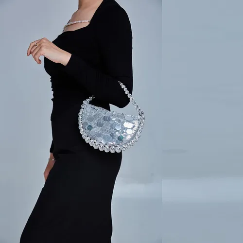Vista 7 de Uhawi Bolso de mano con diamantes de imitación para mujer, bolso de noche con purpurina brillante, hecho a mano, fiesta, boda, plateado