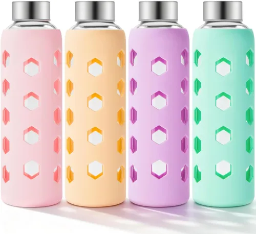 Vista 16 de Mrsdry Botellas de jugo de vidrio con tapas y fundas de silicona de 18 onzas, paquete de 4 botellas de agua reutilizables de vidrio transparente