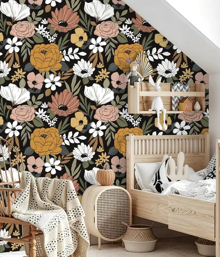 Vista 3 de HAOKHOME Papel pintado vintage grande floral de despegar y pegar, extraíble, hojas de margarita, negro/arena/oliva, vinilo autoadhesivo, mural, 17.7