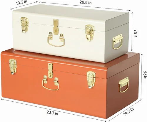 Vista 2 de Vixdonos Juego de 2 baúles decorativos de metal grande, organizador de dormitorio universitario con cerrojos y asa para decoración del hogar, 23.7 x