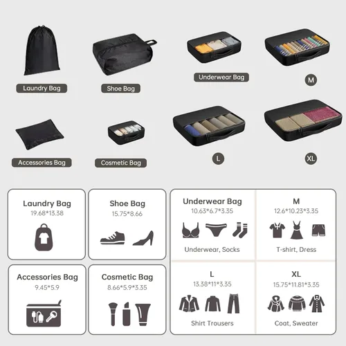 Vista 3 de Juego de 8 cubos de embalaje para viajes, organizadores de equipaje para accesorios de viaje